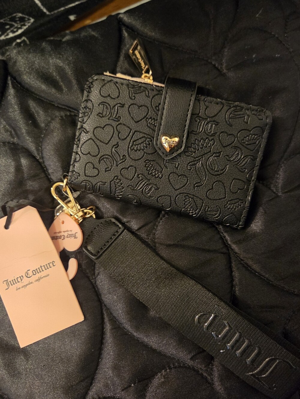 Juicy Couture Black Embossed Heart Card Holder with Gold Accents